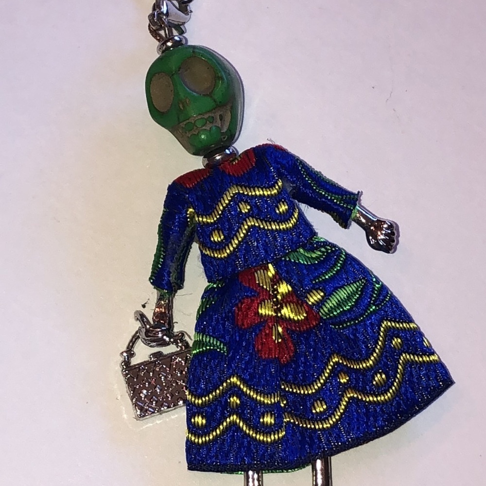 Unique Blue and Green Skull Lady In Dress Boho Pendant Necklace - Picture 3 of 6